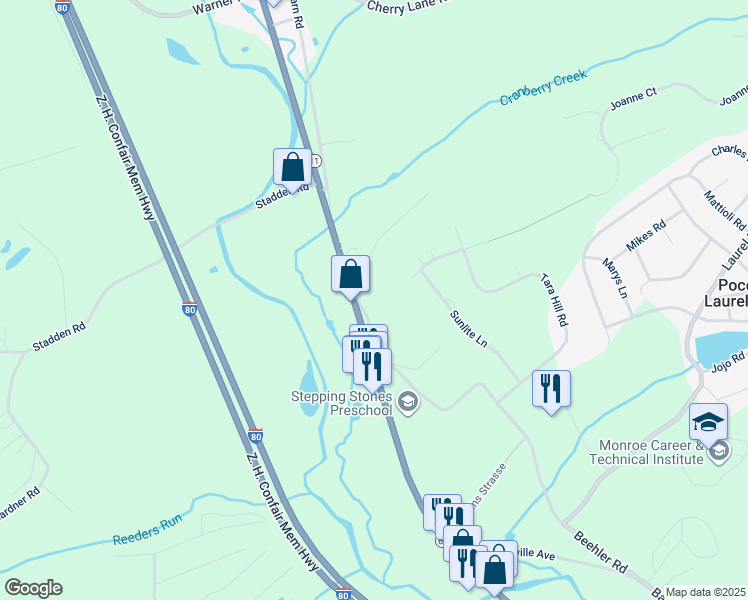 map of restaurants, bars, coffee shops, grocery stores, and more near 256 Beehler Road in Stroudsburg