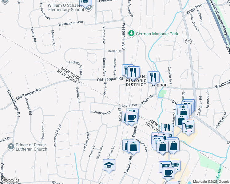 map of restaurants, bars, coffee shops, grocery stores, and more near 34 Stephens Road in Tappan