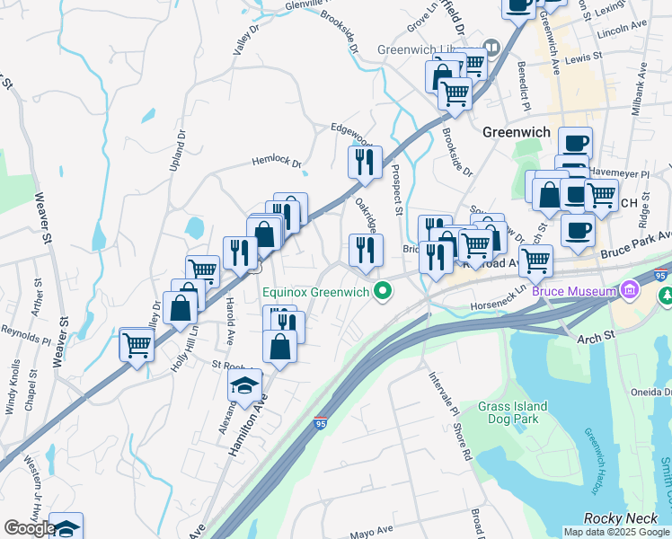 map of restaurants, bars, coffee shops, grocery stores, and more near 49 Edgewood Avenue in Greenwich