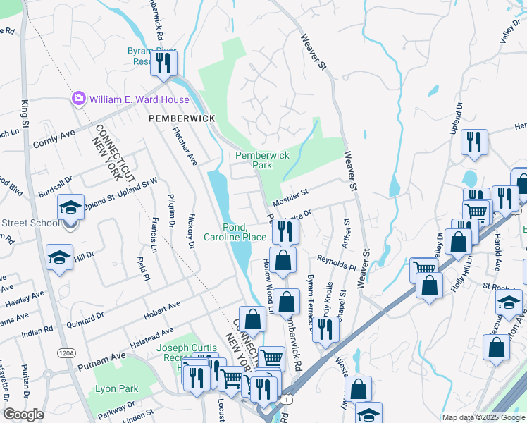 map of restaurants, bars, coffee shops, grocery stores, and more near 114 Pemberwick Road in Greenwich