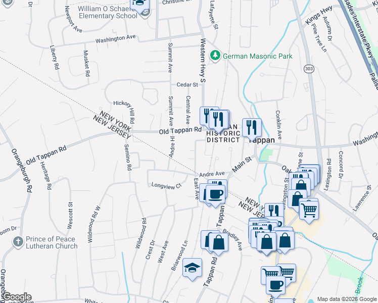 map of restaurants, bars, coffee shops, grocery stores, and more near 34 Stephens Road in Tappan