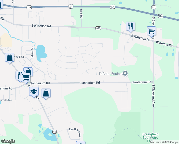 map of restaurants, bars, coffee shops, grocery stores, and more near 3091 Dover Drive in Akron
