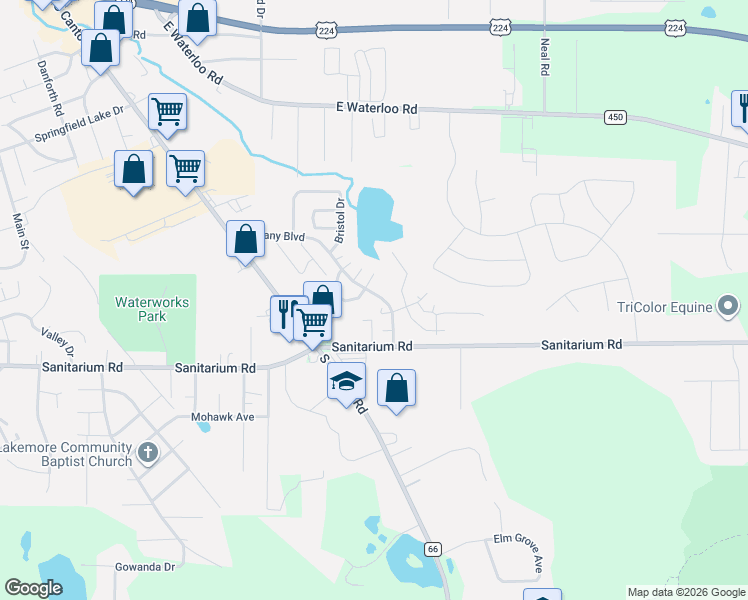 map of restaurants, bars, coffee shops, grocery stores, and more near 3163 Castleton Court in Akron