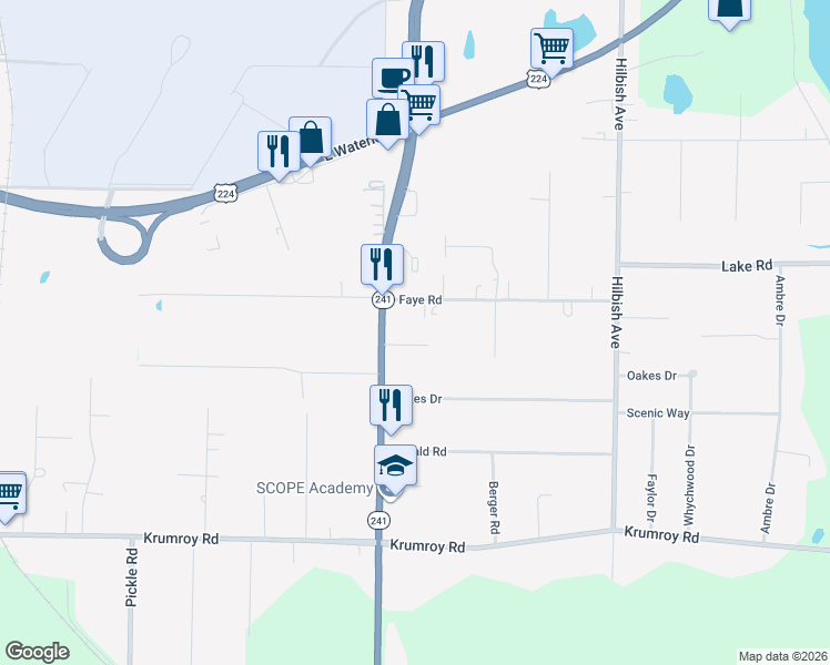 map of restaurants, bars, coffee shops, grocery stores, and more near 1836 Faye Road in Akron