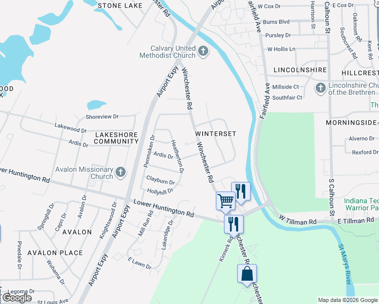 map of restaurants, bars, coffee shops, grocery stores, and more near 6800-6820 Winchester Rd in Fort Wayne