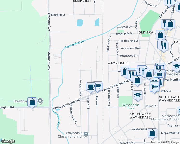 map of restaurants, bars, coffee shops, grocery stores, and more near 3416 Dalevue Drive in Fort Wayne