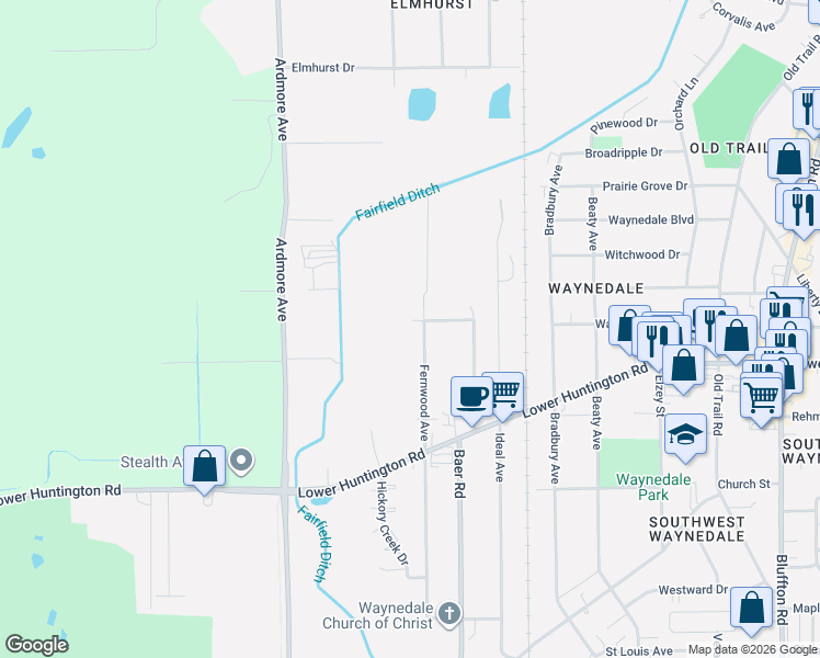 map of restaurants, bars, coffee shops, grocery stores, and more near 6444 Fernwood Ave in Fort Wayne