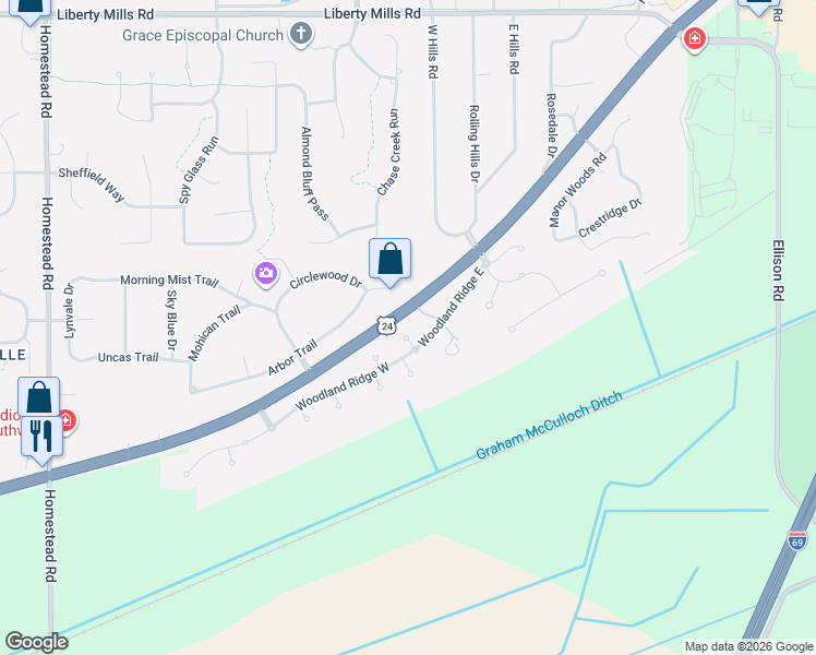 map of restaurants, bars, coffee shops, grocery stores, and more near 9820-9978 West Jefferson Boulevard in Fort Wayne