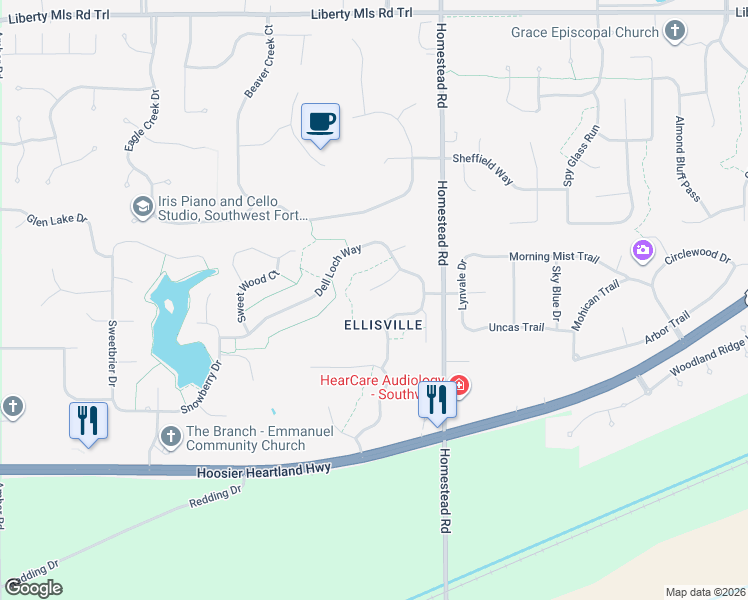 map of restaurants, bars, coffee shops, grocery stores, and more near 11114 Bitter Dell Court in Fort Wayne