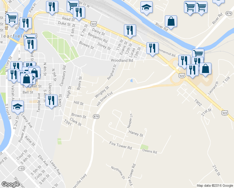 map of restaurants, bars, coffee shops, grocery stores, and more near Clearfield Shawville Highway in Clearfield
