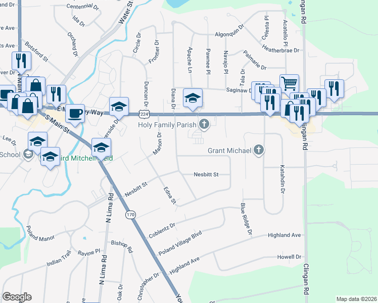 map of restaurants, bars, coffee shops, grocery stores, and more near 207 Evergreen Drive in Poland