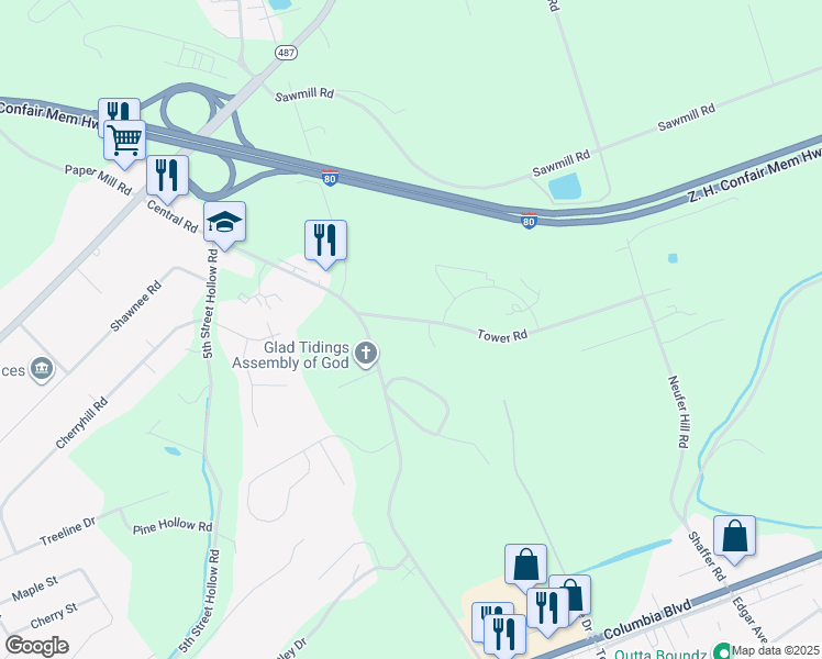map of restaurants, bars, coffee shops, grocery stores, and more near 2480 Tower Road in Bloomsburg