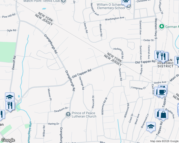 map of restaurants, bars, coffee shops, grocery stores, and more near 40 Old Tappan Road in Old Tappan