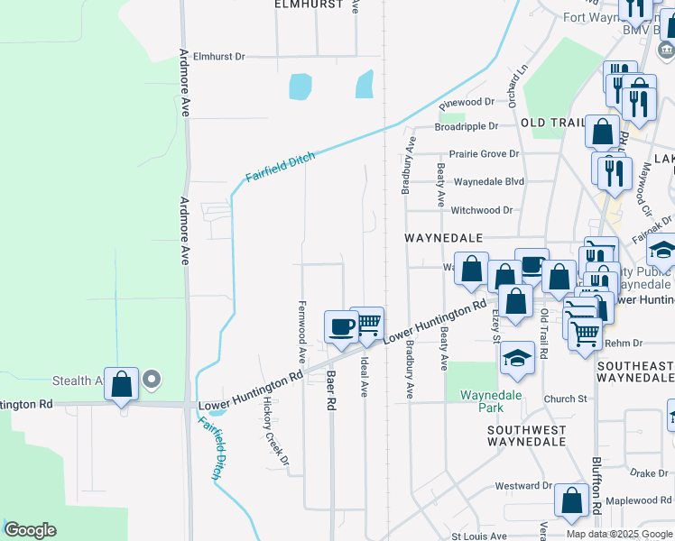 map of restaurants, bars, coffee shops, grocery stores, and more near 3405 Dalevue Drive in Fort Wayne