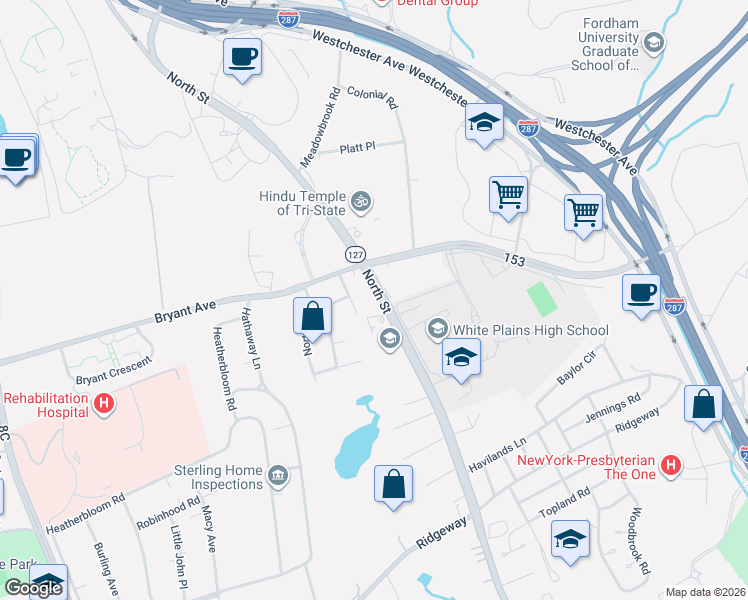 map of restaurants, bars, coffee shops, grocery stores, and more near 456 North Street in White Plains