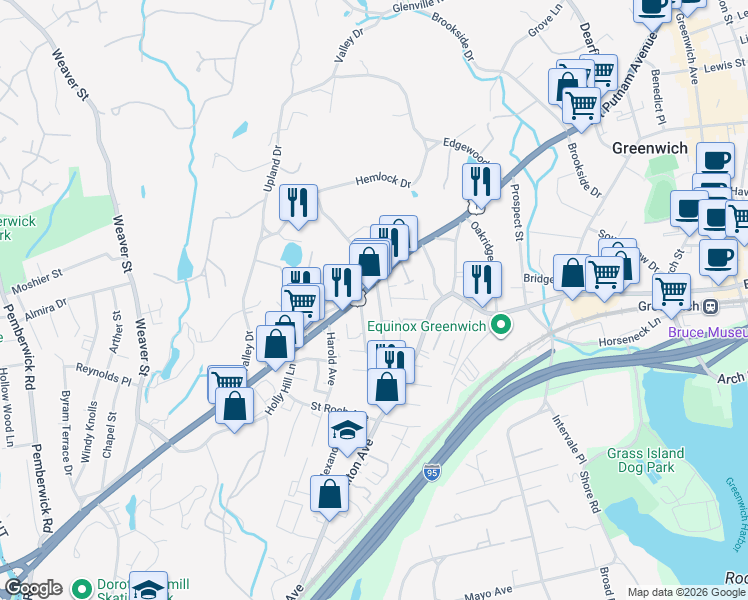 map of restaurants, bars, coffee shops, grocery stores, and more near 364 West Putnam Avenue in Greenwich