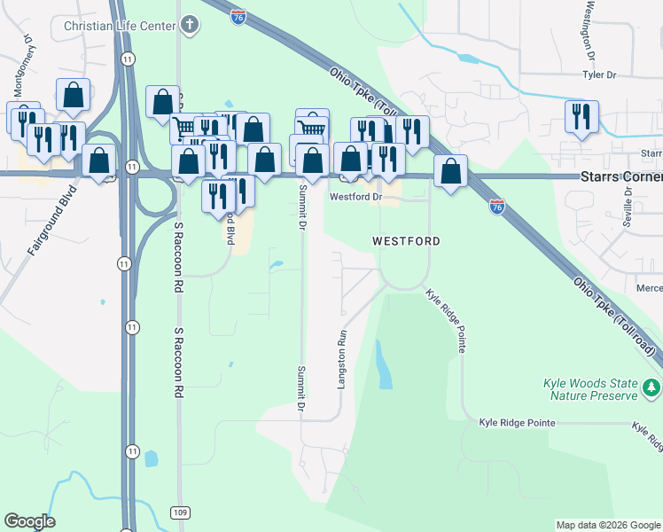 map of restaurants, bars, coffee shops, grocery stores, and more near 6685 Summit Drive in Canfield