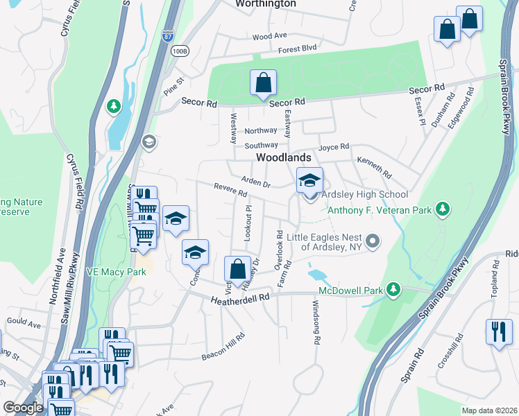map of restaurants, bars, coffee shops, grocery stores, and more near 36 Revere Road in Ardsley
