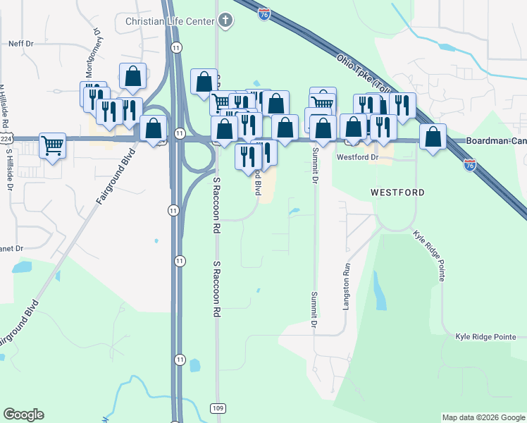 map of restaurants, bars, coffee shops, grocery stores, and more near 6699 Ironwood Boulevard in Canfield