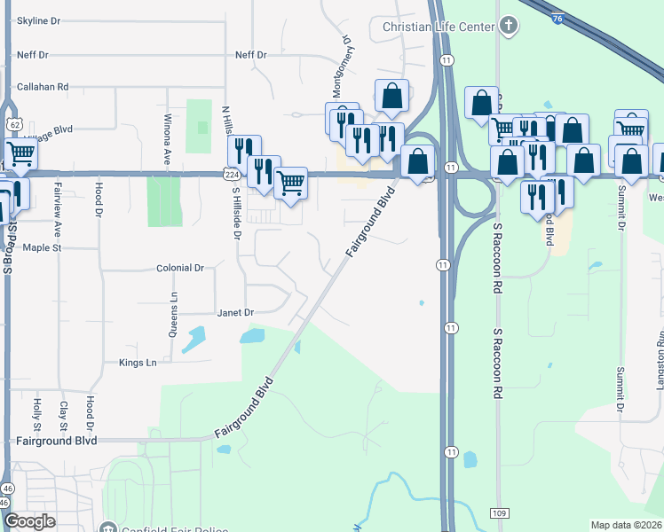 map of restaurants, bars, coffee shops, grocery stores, and more near 410 Fairground Boulevard in Canfield