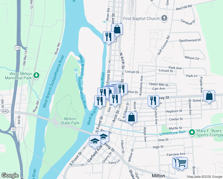 map of restaurants, bars, coffee shops, grocery stores, and more near Long Alley in Milton