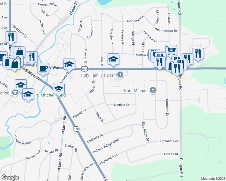 map of restaurants, bars, coffee shops, grocery stores, and more near 207 Evergreen Drive in Poland
