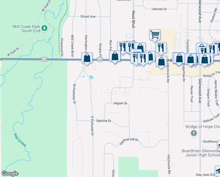 map of restaurants, bars, coffee shops, grocery stores, and more near 7410 West Boulevard in Boardman