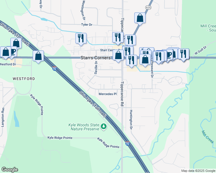map of restaurants, bars, coffee shops, grocery stores, and more near 3685 Stutz Drive in Canfield