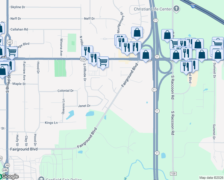 map of restaurants, bars, coffee shops, grocery stores, and more near 410 Fairground Boulevard in Canfield