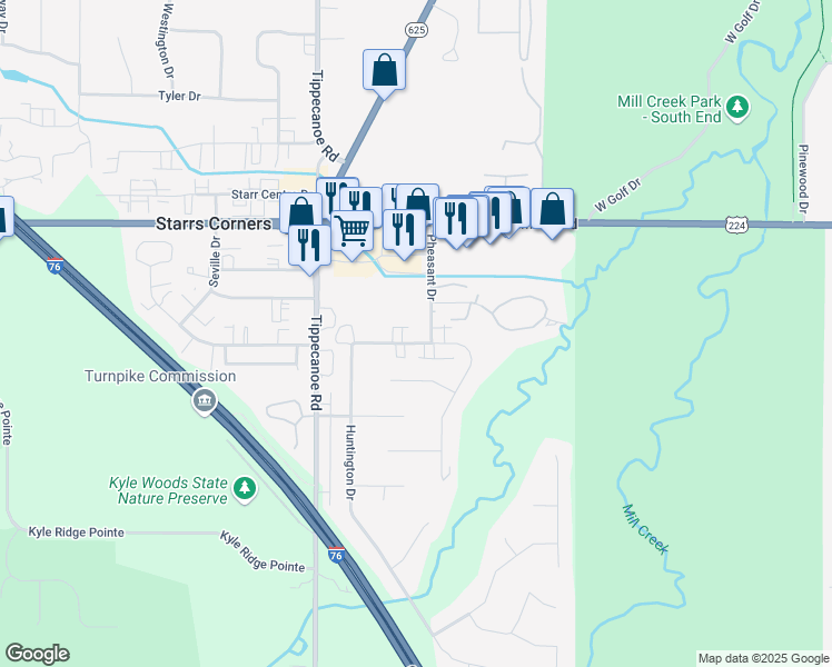 map of restaurants, bars, coffee shops, grocery stores, and more near 7468 Huntington Drive in Youngstown