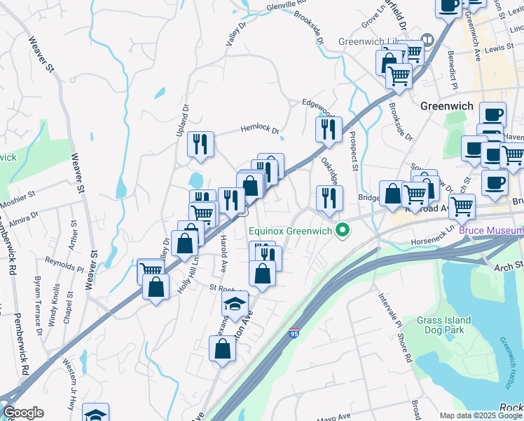 map of restaurants, bars, coffee shops, grocery stores, and more near 364 West Putnam Avenue in Greenwich