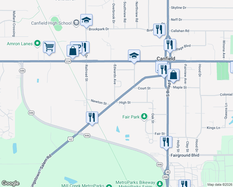 map of restaurants, bars, coffee shops, grocery stores, and more near 203 Edwards Avenue in Canfield
