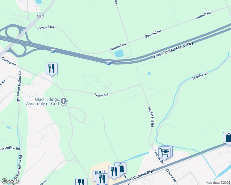 map of restaurants, bars, coffee shops, grocery stores, and more near Tower Road in Bloomsburg
