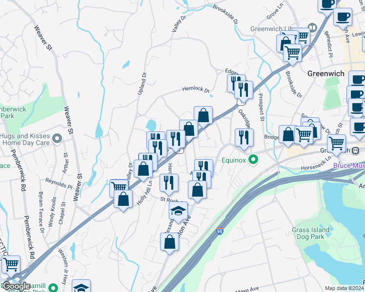 map of restaurants, bars, coffee shops, grocery stores, and more near 37 Old Post Road in Greenwich