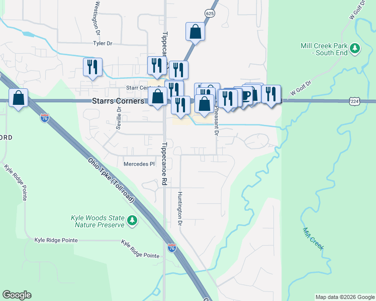 map of restaurants, bars, coffee shops, grocery stores, and more near 7484 Huntington Drive in Youngstown