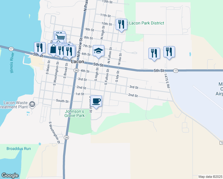 map of restaurants, bars, coffee shops, grocery stores, and more near 824 3rd Street in Lacon