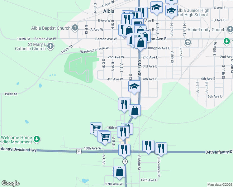 map of restaurants, bars, coffee shops, grocery stores, and more near 22 5th Avenue West in Albia