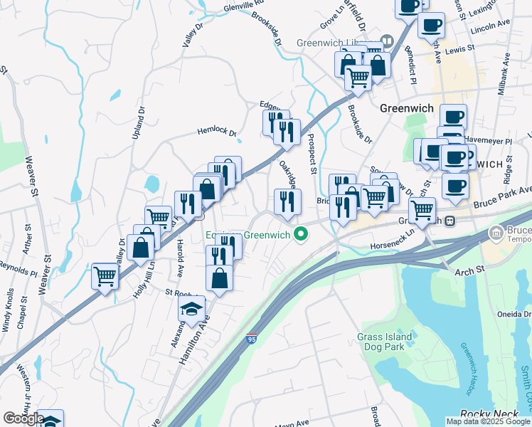 map of restaurants, bars, coffee shops, grocery stores, and more near 72 Hamilton Avenue in Greenwich