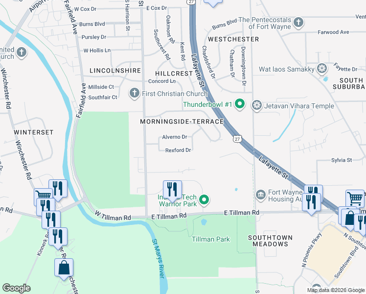 map of restaurants, bars, coffee shops, grocery stores, and more near 326 Alverno Drive in Fort Wayne