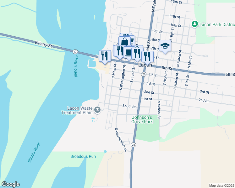 map of restaurants, bars, coffee shops, grocery stores, and more near 417 South Washington Street in Lacon