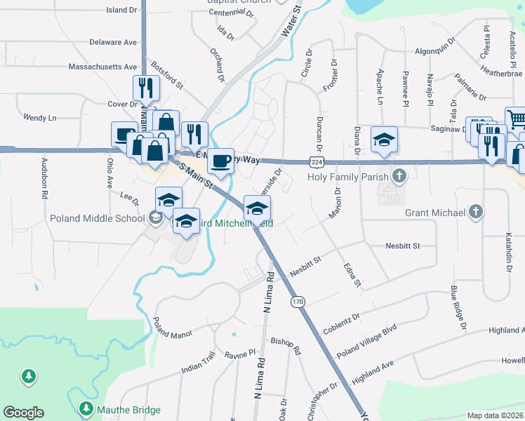 map of restaurants, bars, coffee shops, grocery stores, and more near 12 Riverside Drive in Poland