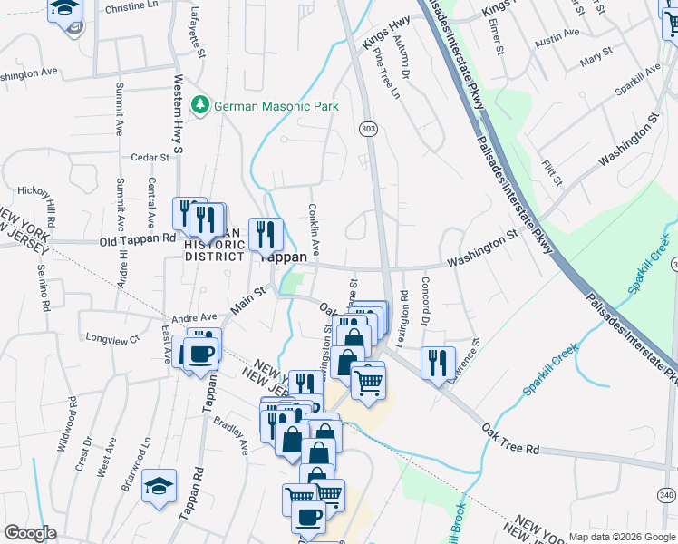 map of restaurants, bars, coffee shops, grocery stores, and more near 11 Ann Drive in Tappan
