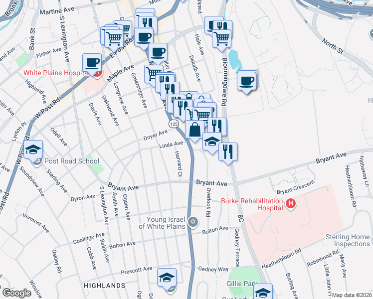 map of restaurants, bars, coffee shops, grocery stores, and more near 31 Old Mamaroneck Road in White Plains