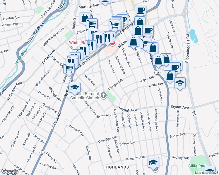 map of restaurants, bars, coffee shops, grocery stores, and more near 40 Cambridge Avenue in White Plains