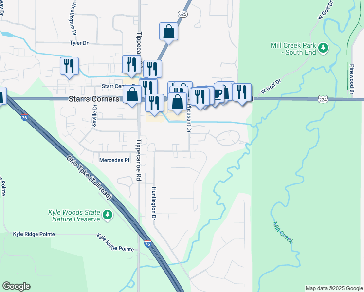 map of restaurants, bars, coffee shops, grocery stores, and more near 7468 Huntington Drive in Youngstown