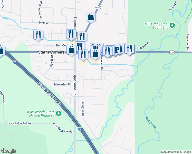 map of restaurants, bars, coffee shops, grocery stores, and more near 7468 Huntington Drive in Youngstown