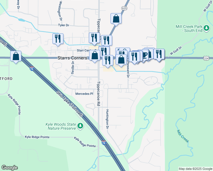 map of restaurants, bars, coffee shops, grocery stores, and more near 6729 Tippecanoe Road in Canfield