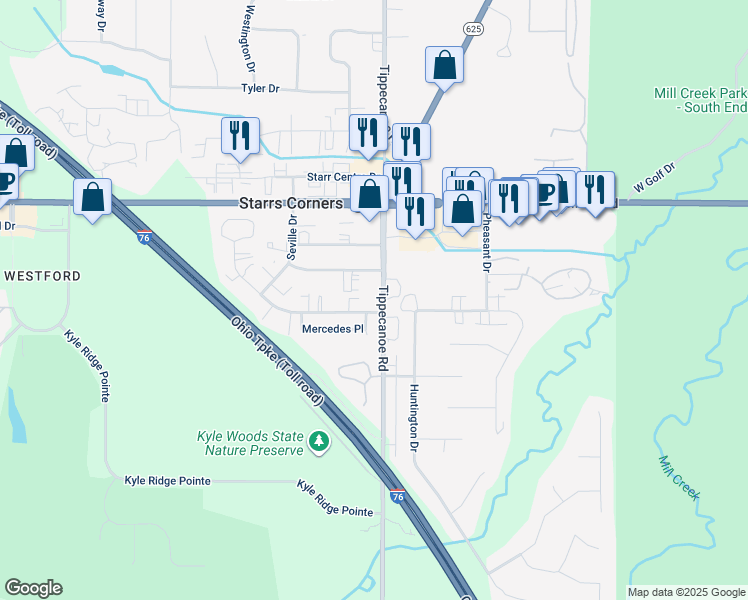 map of restaurants, bars, coffee shops, grocery stores, and more near 6674 Tippecanoe Road in Canfield
