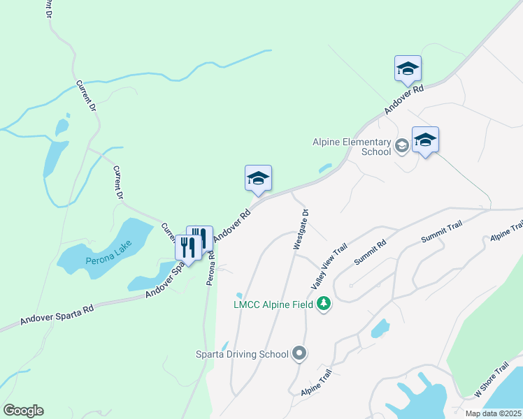 map of restaurants, bars, coffee shops, grocery stores, and more near 235 Andover Road in Sparta