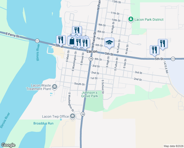 map of restaurants, bars, coffee shops, grocery stores, and more near 315 South Prairie Street in Lacon